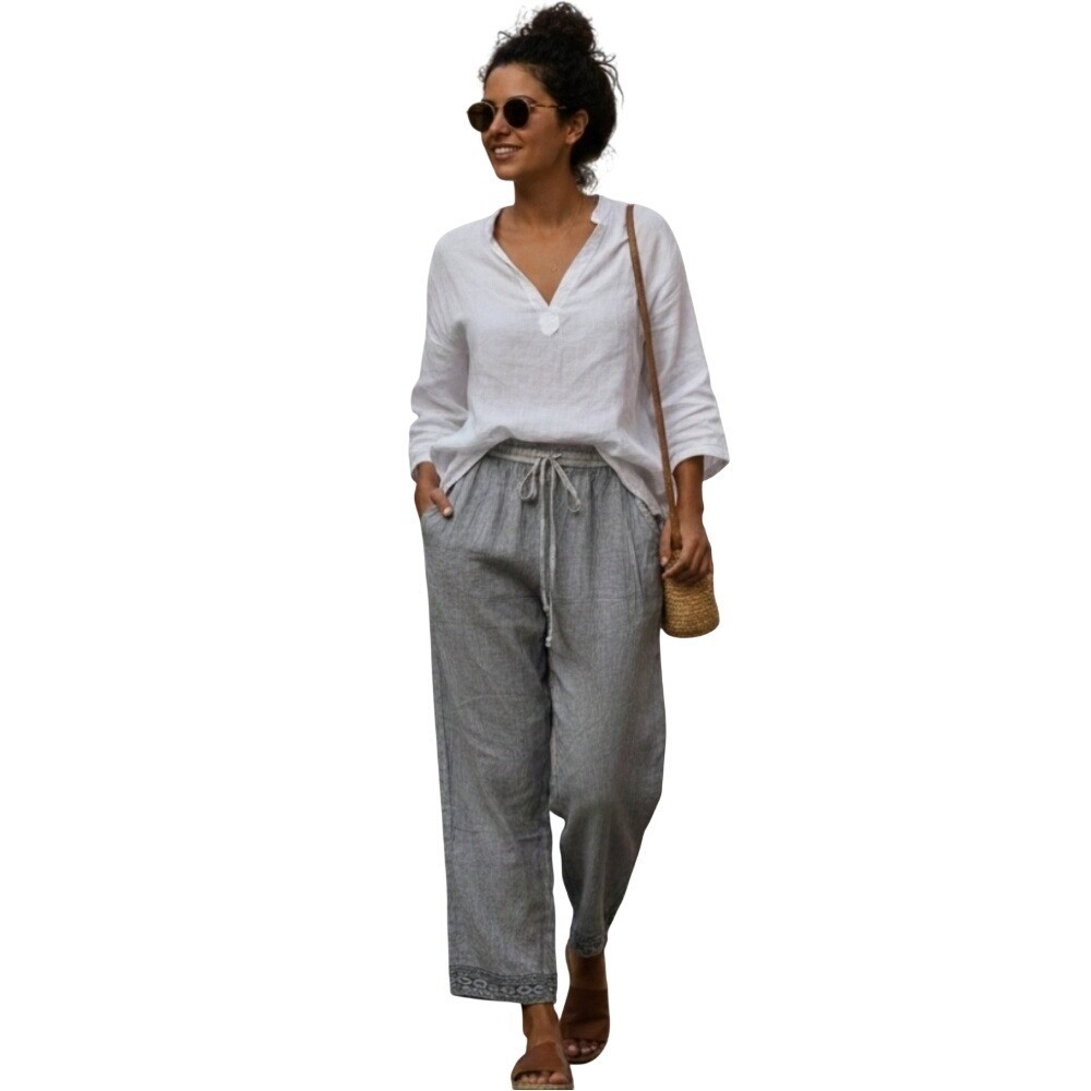 Raya Sun NWT Womens Crepe Crop Pants Flowy Embroidered Sustainable Boho Gray S